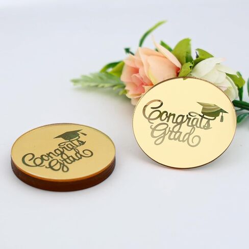 24 Pieces Gold Mirror Acrylic Graduation Cupcake Toppers, Class of 2026, Congrats Grad, Round in Saudi Arabia