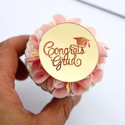 24 Pieces Gold Mirror Acrylic Graduation Cupcake Toppers, Class of 2026, Congrats Grad, Round in Saudi Arabia