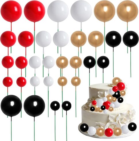 32 Pcs Mini Cake Toppers Balls Cupcake Topper for Graduation DIY Birthday New Year Cake Decoration (Black Gold White Red) in Saudi Arabia