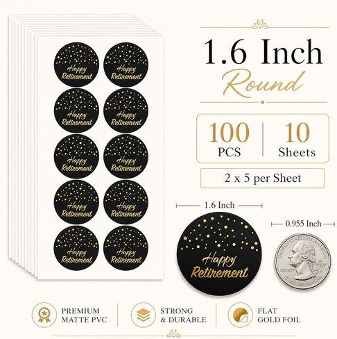 100 x Round Retirement Stickers for Party Favors, Black Gold Foil Happy Retirement Treat Bag Stickers, Elegant Retirement Gift Stickers for Retirement Party Favors and Decorations in Saudi Arabia