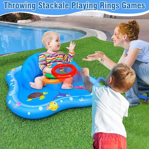 Inflatable Baby Pool with Canopy, Kiddie Pool with Water Sprinkler for Kids - Baby Play Mat with Backrest & Stackable Rings Outdoor Water Play Toys for Toddlers Backyard Water Activities Games in Saudi Arabia