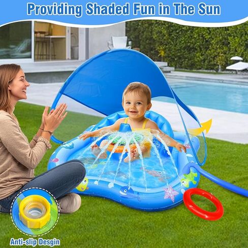 Inflatable Baby Pool with Canopy, Kiddie Pool with Water Sprinkler for Kids - Baby Play Mat with Backrest & Stackable Rings Outdoor Water Play Toys for Toddlers Backyard Water Activities Games in Saudi Arabia
