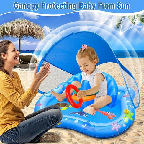 Inflatable Baby Pool with Canopy, Kiddie Pool with Water Sprinkler for Kids - Baby Play Mat with Backrest & Stackable Rings Outdoor Water Play Toys for Toddlers Backyard Water Activities Games in Saudi Arabia