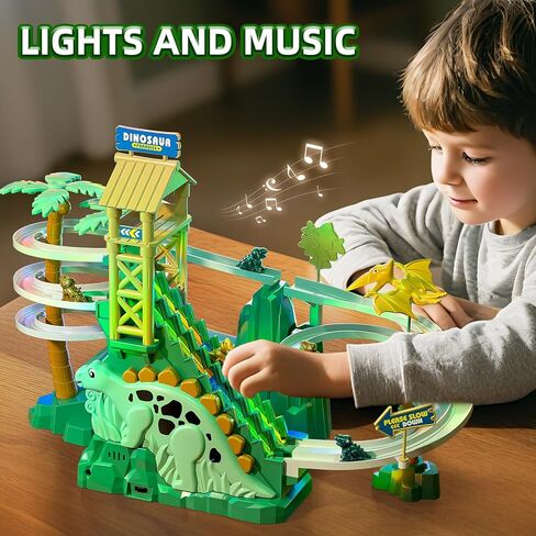 Dinosaur Climbing Slide Stair Toy for Toddlers Aged 3 4 5 6 7 8 - Racing Track Game Set, Sliding Car Toy, Dinosaur Themed with Light and Music, Birthday Dinosaur Gifts for Boys Girls Kids in Saudi Arabia