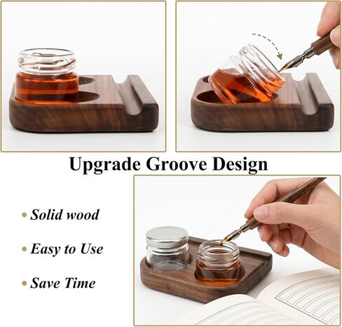 ZOOFOX Wooden Tilting Calligraphy Pen Holder, Brown Wood Ink Well for Dip Pen with Pen Rest and Two Empty Glass Ink Bottle Container, Calligraphy Oblique Nib Holder for Effortless Writing in Kuwait