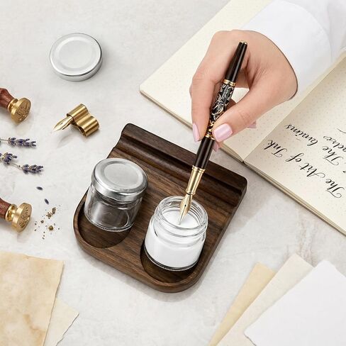 ZOOFOX Wooden Tilting Calligraphy Pen Holder, Brown Wood Ink Well for Dip Pen with Pen Rest and Two Empty Glass Ink Bottle Container, Calligraphy Oblique Nib Holder for Effortless Writing in Kuwait
