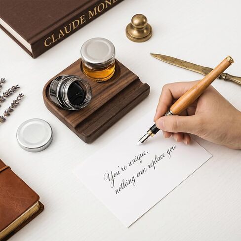 ZOOFOX Wooden Tilting Calligraphy Pen Holder, Brown Wood Ink Well for Dip Pen with Pen Rest and Two Empty Glass Ink Bottle Container, Calligraphy Oblique Nib Holder for Effortless Writing in Kuwait