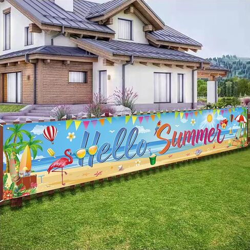 لافتة Hello Summer Beach، ديكورات الحفلات الصيفية في الهواء الطلق، علامة Luau لحمام السباحة الاستوائي للسياج، الشرفة، الفناء، المرآب، 118 × 20 بوصة in Kuwait