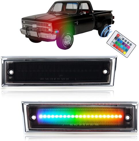مصابيح LED للعلامات الجانبية RGB كاملة لـ 1981-1991 Chevy C10 C20 C30، [4 أوضاع 16 لونًا] مصابيح العلامات الجانبية RGB متعددة الألوان، مجموعة مصد العدسات الأمامية المدخنة مع جهاز تحكم عن بعد 24 مفتاحًا، قطعتان in Kuwait