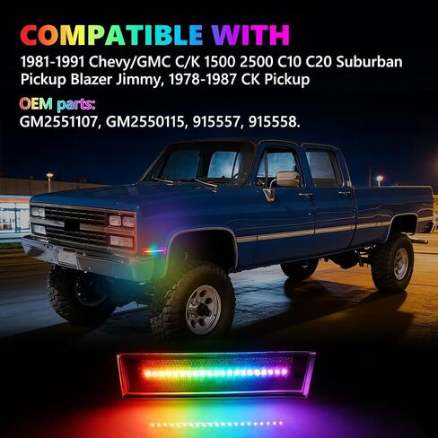 مصابيح LED للعلامات الجانبية RGB كاملة لـ 1981-1991 Chevy C10 C20 C30، [4 أوضاع 16 لونًا] مصابيح العلامات الجانبية RGB متعددة الألوان، مجموعة مصد العدسات الأمامية المدخنة مع جهاز تحكم عن بعد 24 مفتاحًا، قطعتان in Kuwait