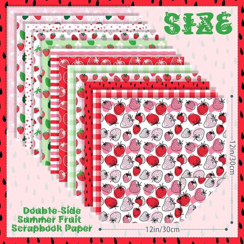 24 Sheets Strawberry Scrapbook Paper, 12 Styles Seamless Commercial Strawberries Patterns Decorative Craft Paper Folded Flat for Birthday Baby Shower Card Making Photo Album Decor, 11.8'' x 11.8'' in Saudi Arabia