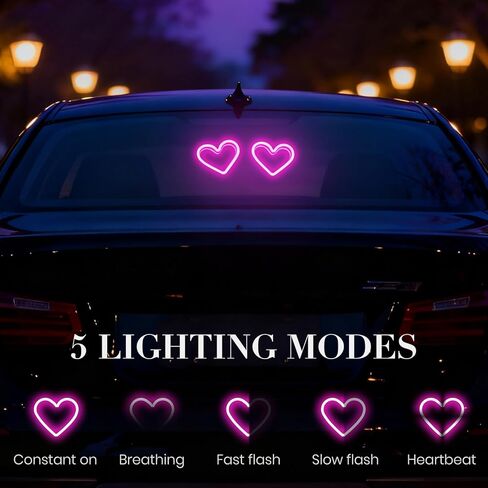 قطعتان من الإضاءة المحيطة LED للسيارة، مصابيح على شكل قلب تعمل بالطاقة الشمسية، ضوء نيون LED لتزيين النافذة الخلفية للسيارة، القيادة الليلية، 5 أوضاع - وردي in Kuwait