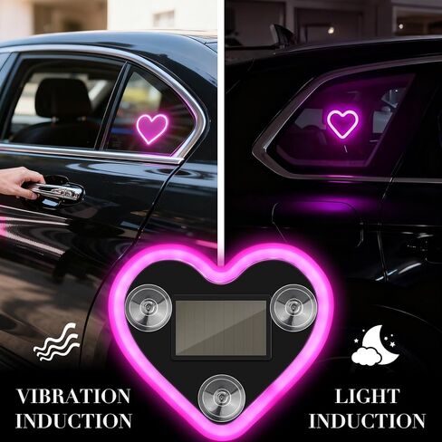 قطعتان من الإضاءة المحيطة LED للسيارة، مصابيح على شكل قلب تعمل بالطاقة الشمسية، ضوء نيون LED لتزيين النافذة الخلفية للسيارة، القيادة الليلية، 5 أوضاع - وردي in Kuwait