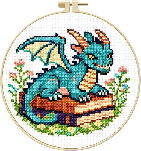 Zhenqing Cute Dragon on Books Cross Stitch Kit, 11CT Printed 24x24cm with Hoop, Fantasy Embroidery Set for Beginners (70976) in Saudi Arabia