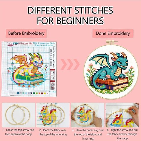 Zhenqing Cute Dragon on Books Cross Stitch Kit, 11CT Printed 24x24cm with Hoop, Fantasy Embroidery Set for Beginners (70976) in Saudi Arabia
