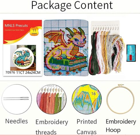 Zhenqing Cute Dragon on Books Cross Stitch Kit, 11CT Printed 24x24cm with Hoop, Fantasy Embroidery Set for Beginners (70976) in Saudi Arabia