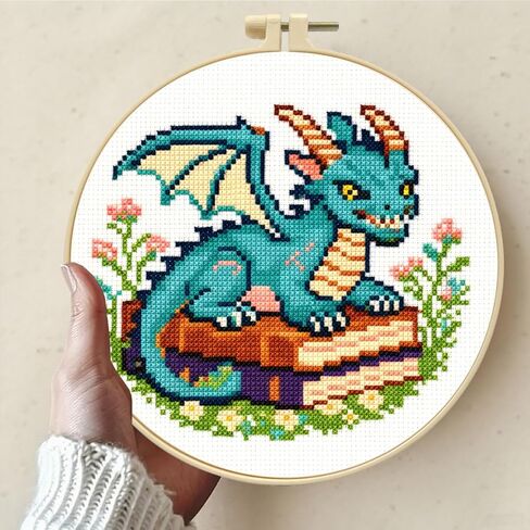 Zhenqing Cute Dragon on Books Cross Stitch Kit, 11CT Printed 24x24cm with Hoop, Fantasy Embroidery Set for Beginners (70976) in Saudi Arabia