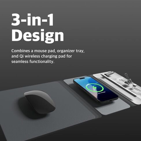 POUT H3 Split Max 3-in-1 Wireless Charging Mouse Pad – Fast Qi Charger, Mousepad Mat, and Magnetic Tray Organizer – Compatible with Smartphones and Earbuds (Graphite Grey) in Saudi Arabia