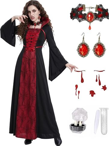 Vampire Costume for Women with teeth Accessories Gothic Vampire Dress Halloween Witch Costume Adult in Saudi Arabia