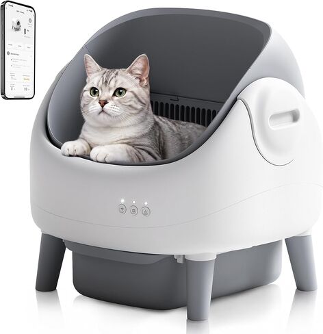 Self Cleaning Litter Box, Automatic Cat Litter Box with Open-Top Design, APP Control, Dual Safety Sensors, Suitable for Multi-cat Households, 1 Roll Trash Bags, White-Grey in Kuwait