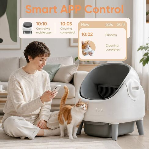 Self Cleaning Litter Box, Automatic Cat Litter Box with Open-Top Design, APP Control, Dual Safety Sensors, Suitable for Multi-cat Households, 1 Roll Trash Bags, White-Grey in Kuwait