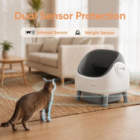 Self Cleaning Litter Box, Automatic Cat Litter Box with Open-Top Design, APP Control, Dual Safety Sensors, Suitable for Multi-cat Households, 1 Roll Trash Bags, White-Grey in Kuwait