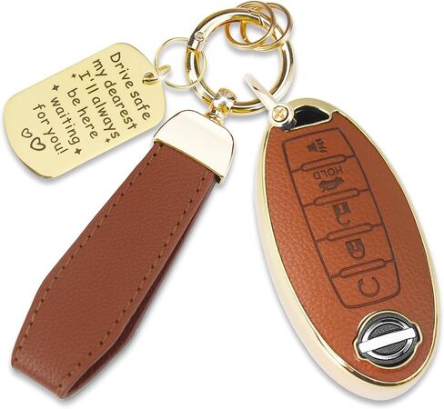 Soft TPU & Leather Key Fob Cover Compatible with Nissan Pathfinder Rogue Altima Armada Maxima Murano Sedan Sentra Versa, with Keychain & Metal Blessing Tag (5 Button Brown) in Saudi Arabia