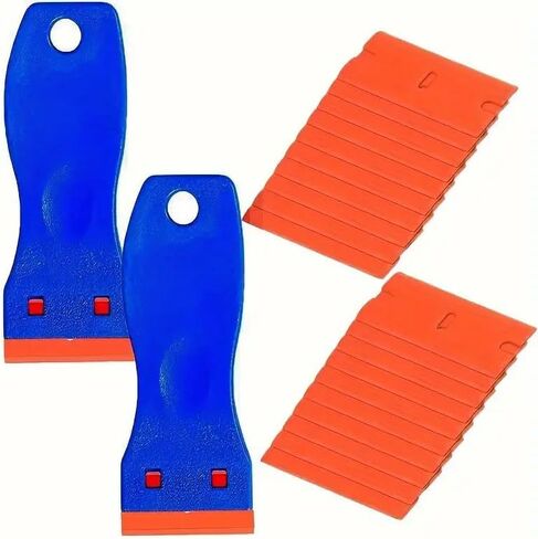 Plastic Razor Blade Set, 2pcs Mini Scrapers Tool with 20 Blades for Removing Stickers, Labels, and Paint from Glass and Car Windows, Yellow/Orange in Kuwait