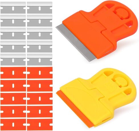 Plastic Razor Blade Set, 2pcs Mini Scrapers Tool with 20 Blades for Removing Stickers, Labels, and Paint from Glass and Car Windows, Yellow/Orange in Kuwait