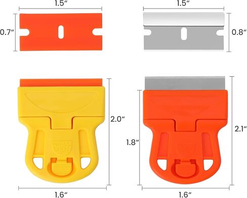 Plastic Razor Blade Set, 2pcs Mini Scrapers Tool with 20 Blades for Removing Stickers, Labels, and Paint from Glass and Car Windows, Yellow/Orange in Kuwait