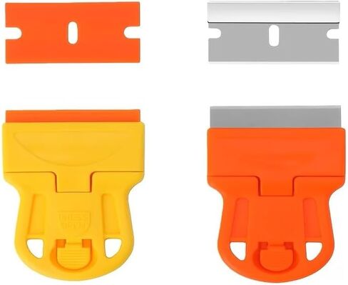 Plastic Razor Blade Set, 2pcs Mini Scrapers Tool with 20 Blades for Removing Stickers, Labels, and Paint from Glass and Car Windows, Yellow/Orange in Kuwait