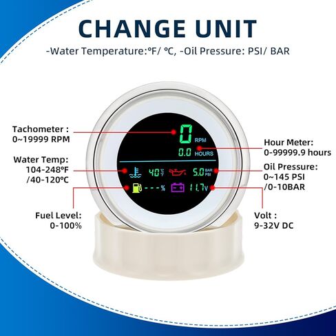 MH 6-in-1 Digital Gauge- Tachometer (0-19999 RPM), Hour Meter, Water Temp (℉/℃), Fuel Level, Oil Press (PSI/BAR), Voltmeter (0-99.9V) - 85mm AUTO Boat Gauge for Car Truck White in Saudi Arabia