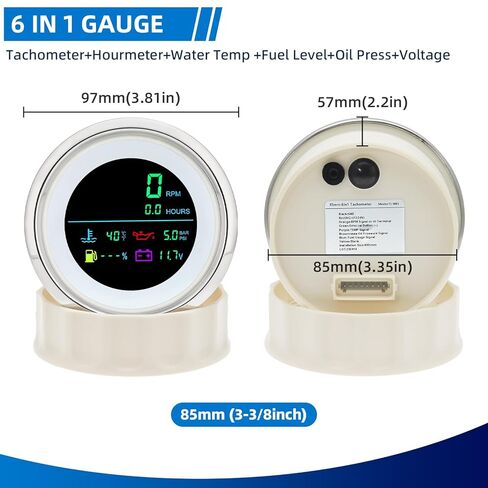 MH 6-in-1 Digital Gauge- Tachometer (0-19999 RPM), Hour Meter, Water Temp (℉/℃), Fuel Level, Oil Press (PSI/BAR), Voltmeter (0-99.9V) - 85mm AUTO Boat Gauge for Car Truck White in Saudi Arabia