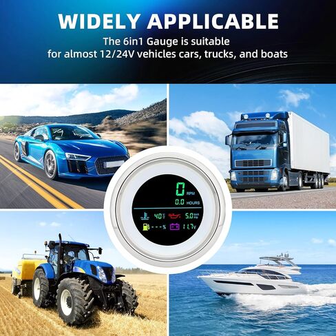 MH 6-in-1 Digital Gauge- Tachometer (0-19999 RPM), Hour Meter, Water Temp (℉/℃), Fuel Level, Oil Press (PSI/BAR), Voltmeter (0-99.9V) - 85mm AUTO Boat Gauge for Car Truck White in Saudi Arabia