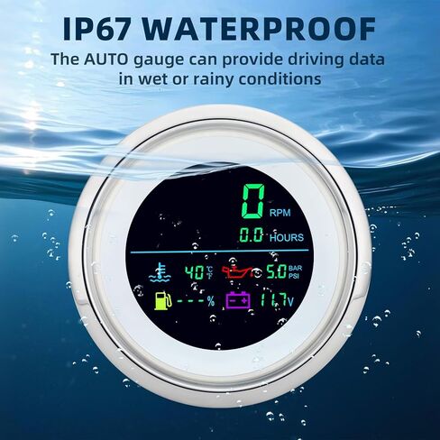 MH 6-in-1 Digital Gauge- Tachometer (0-19999 RPM), Hour Meter, Water Temp (℉/℃), Fuel Level, Oil Press (PSI/BAR), Voltmeter (0-99.9V) - 85mm AUTO Boat Gauge for Car Truck White in Saudi Arabia