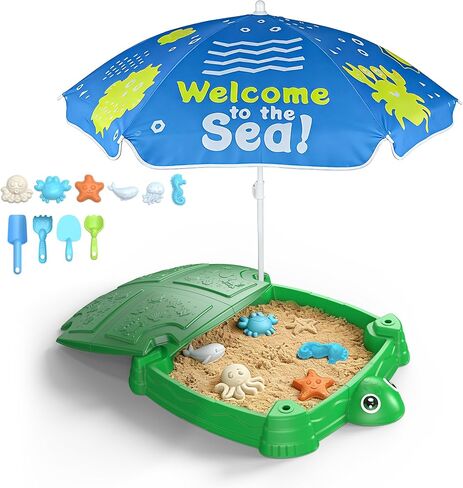 Turtle Sandbox with Lid and Adjustable Umbrella, Large Square Sand Box with 6 Molds & 4 Shovels, Outdoor Beach Toys for Toddlers Ages 3+ in Saudi Arabia