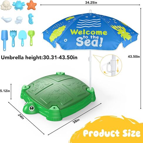 Turtle Sandbox with Lid and Adjustable Umbrella, Large Square Sand Box with 6 Molds & 4 Shovels, Outdoor Beach Toys for Toddlers Ages 3+ in Saudi Arabia