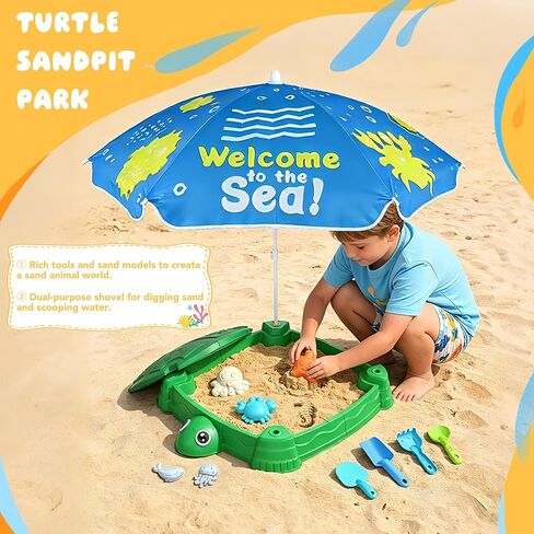 Turtle Sandbox with Lid and Adjustable Umbrella, Large Square Sand Box with 6 Molds & 4 Shovels, Outdoor Beach Toys for Toddlers Ages 3+ in Saudi Arabia