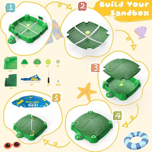 Turtle Sandbox with Lid and Adjustable Umbrella, Large Square Sand Box with 6 Molds & 4 Shovels, Outdoor Beach Toys for Toddlers Ages 3+ in Saudi Arabia