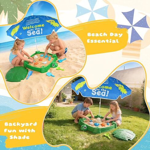 Turtle Sandbox with Lid and Adjustable Umbrella, Large Square Sand Box with 6 Molds & 4 Shovels, Outdoor Beach Toys for Toddlers Ages 3+ in Saudi Arabia