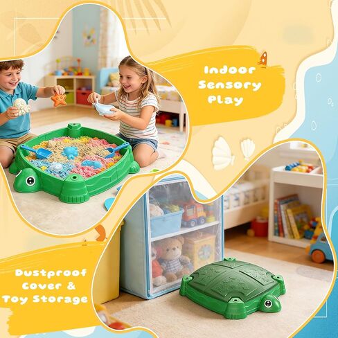 Turtle Sandbox with Lid and Adjustable Umbrella, Large Square Sand Box with 6 Molds & 4 Shovels, Outdoor Beach Toys for Toddlers Ages 3+ in Saudi Arabia