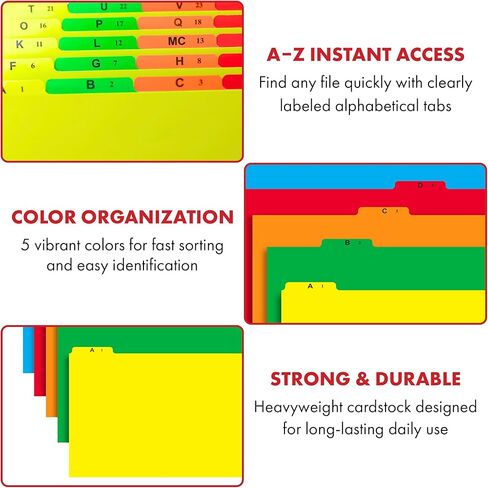 Iconikal Legal Size, 14.75 Inch Wide, Alphabetical File Folder Guide Dividers, A-Z Index, 5 Tabs Across Heavyweight, 5 Full Colors, 1/5 Cut Tab Positions, Heavy Duty Filing Cabinet in Saudi Arabia