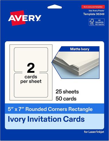 بطاقات مستطيلة قابلة للطباعة من Avery بزوايا مستديرة، مقاس 5 بوصات × 7 بوصات، بطاقات عاجية غير لامعة، قابلة للطباعة بالليزر ونفث الحبر، إجمالي 50، رائعة للدعوات ورسائل الشكر والمزيد in Kuwait