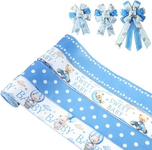شريط قماش ذو حافة سلكية من Bear Blue لحفلة استقبال المولود الجديد، 4 لفات، 2.5 بوصة × 20 ياردة على شكل قلب مخلب لاستحمام الطفل، وتغليف الهدايا، وأقواس إكليل الزهور والحرف اليدوية اليدوية in Kuwait