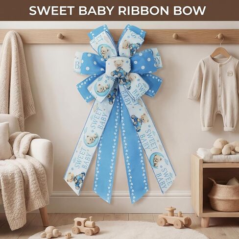 شريط قماش ذو حافة سلكية من Bear Blue لحفلة استقبال المولود الجديد، 4 لفات، 2.5 بوصة × 20 ياردة على شكل قلب مخلب لاستحمام الطفل، وتغليف الهدايا، وأقواس إكليل الزهور والحرف اليدوية اليدوية in Kuwait