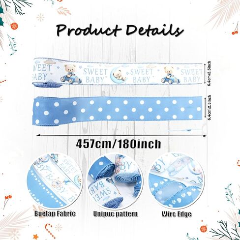 شريط قماش ذو حافة سلكية من Bear Blue لحفلة استقبال المولود الجديد، 4 لفات، 2.5 بوصة × 20 ياردة على شكل قلب مخلب لاستحمام الطفل، وتغليف الهدايا، وأقواس إكليل الزهور والحرف اليدوية اليدوية in Kuwait
