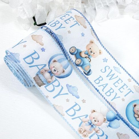 شريط قماش ذو حافة سلكية من Bear Blue لحفلة استقبال المولود الجديد، 4 لفات، 2.5 بوصة × 20 ياردة على شكل قلب مخلب لاستحمام الطفل، وتغليف الهدايا، وأقواس إكليل الزهور والحرف اليدوية اليدوية in Kuwait