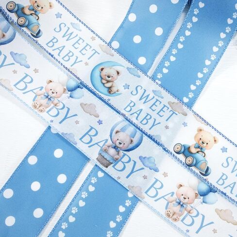 شريط قماش ذو حافة سلكية من Bear Blue لحفلة استقبال المولود الجديد، 4 لفات، 2.5 بوصة × 20 ياردة على شكل قلب مخلب لاستحمام الطفل، وتغليف الهدايا، وأقواس إكليل الزهور والحرف اليدوية اليدوية in Kuwait