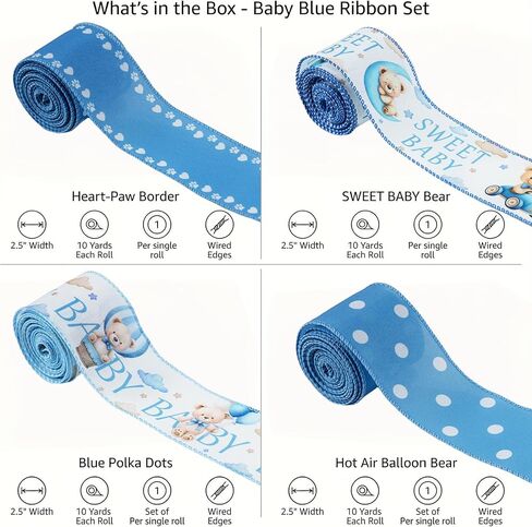 شريط قماش ذو حافة سلكية من Bear Blue لحفلة استقبال المولود الجديد، 4 لفات، 2.5 بوصة × 20 ياردة على شكل قلب مخلب لاستحمام الطفل، وتغليف الهدايا، وأقواس إكليل الزهور والحرف اليدوية اليدوية in Kuwait