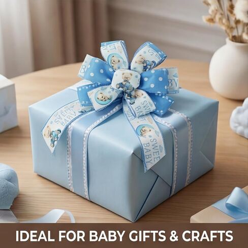 شريط قماش ذو حافة سلكية من Bear Blue لحفلة استقبال المولود الجديد، 4 لفات، 2.5 بوصة × 20 ياردة على شكل قلب مخلب لاستحمام الطفل، وتغليف الهدايا، وأقواس إكليل الزهور والحرف اليدوية اليدوية in Kuwait
